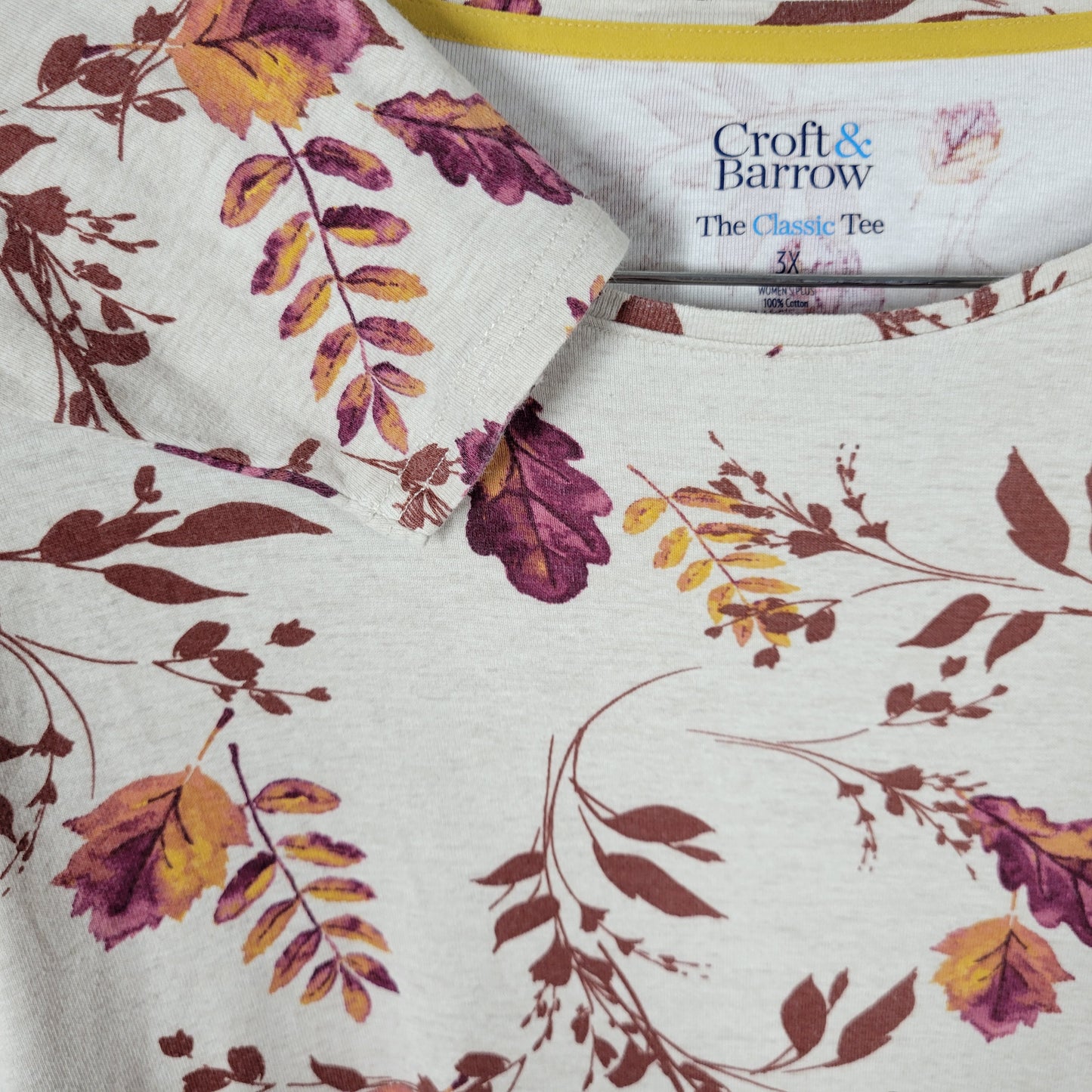 Croft & Barrow Floral Tee 3X  Brown Purple 100% Cotton Crew Shirt FLO253XE