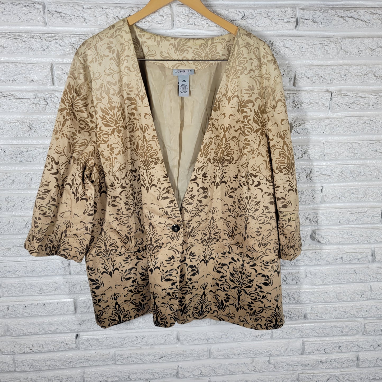 Catherines Blazer Jacket 3X Plus Size Tan Black Floral 1 Button SWE126E