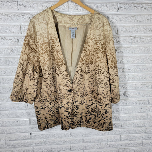 Catherines Blazer Jacket 3X Plus Size Tan Black Floral 1 Button SWE126E