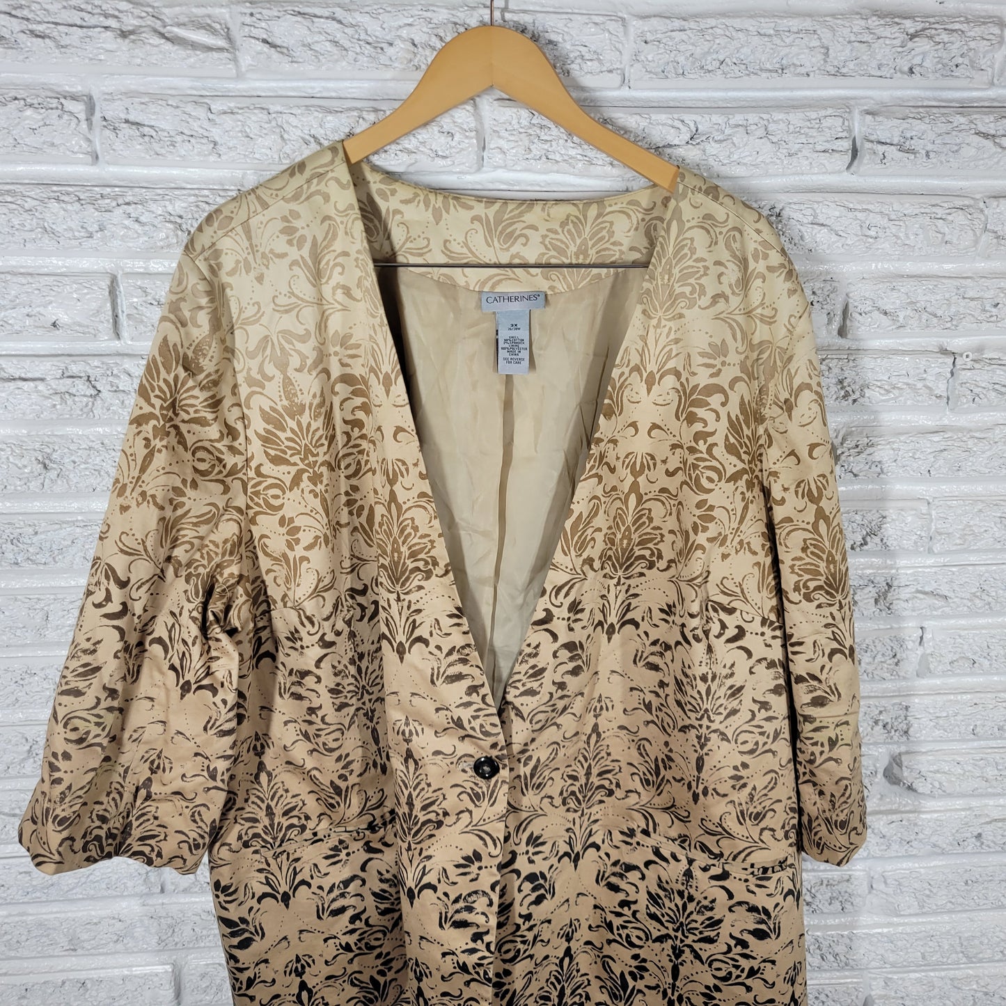 Catherines Blazer Jacket 3X Plus Size Tan Black Floral 1 Button SWE126E