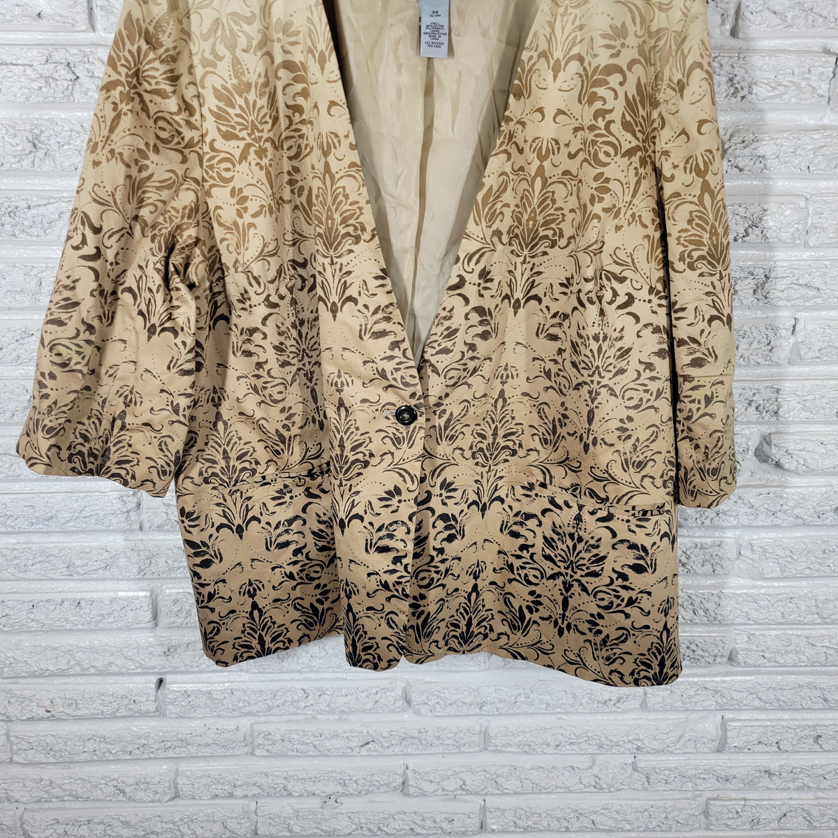 Catherines Blazer Jacket 3X Plus Size Tan Black Floral 1 Button SWE126E