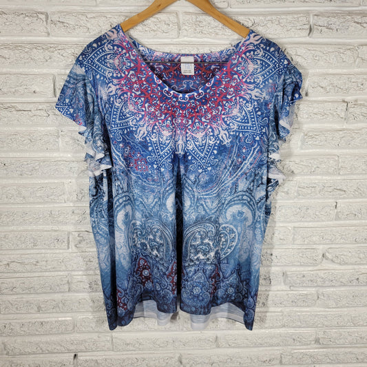 Time & Tru Womens Tee 3XL 22 Plus Blue Paisley Rhinestone Flutter PAI13E