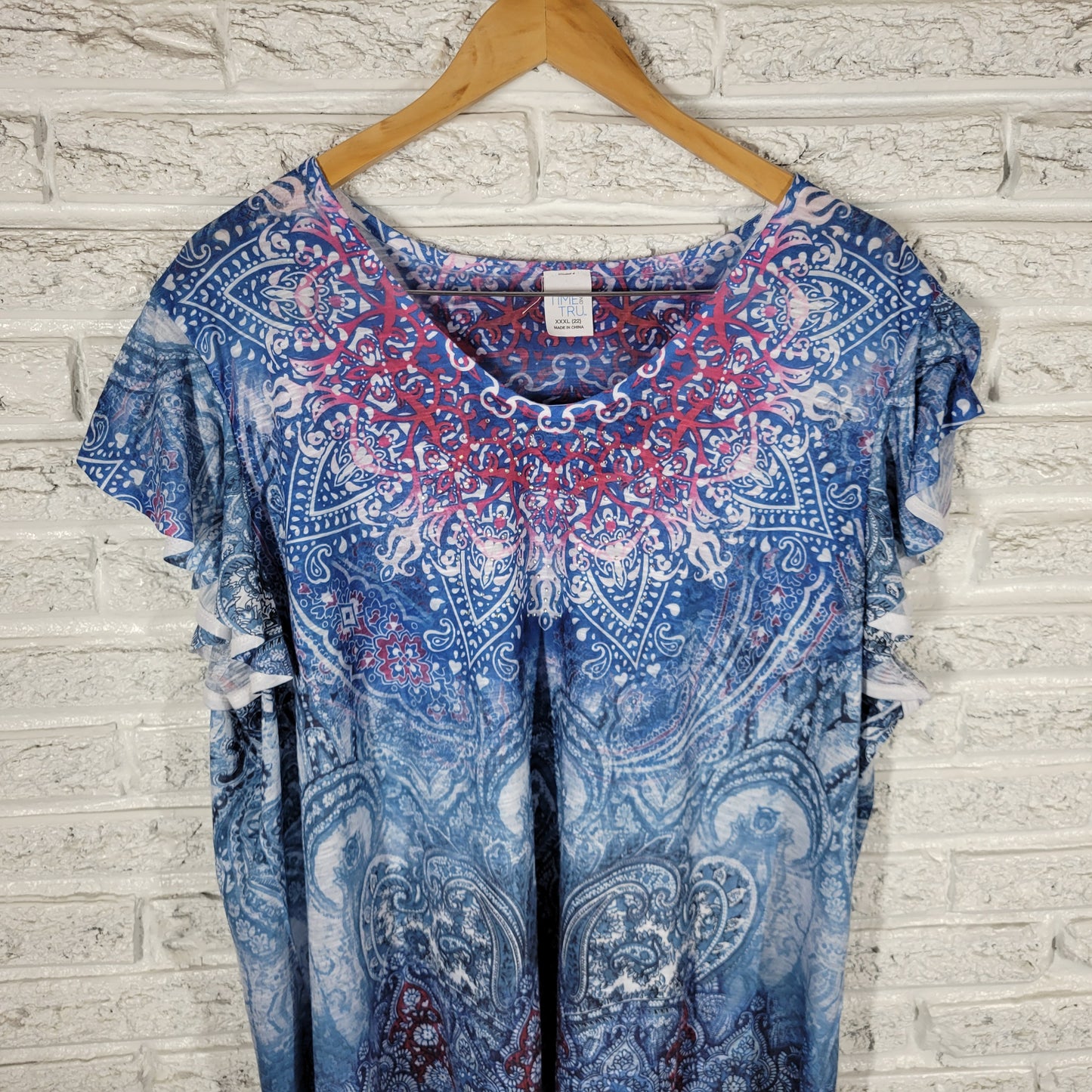 Time & Tru Womens Tee 3XL 22 Plus Blue Paisley Rhinestone Flutter PAI13E