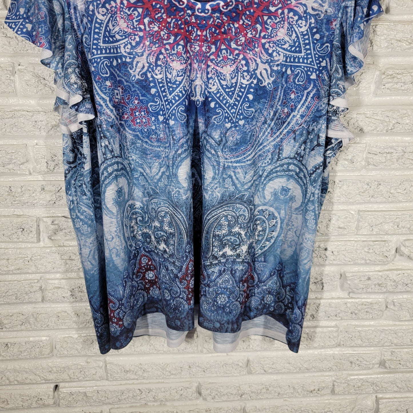 Time & Tru Womens Tee 3XL 22 Plus Blue Paisley Rhinestone Flutter PAI13E