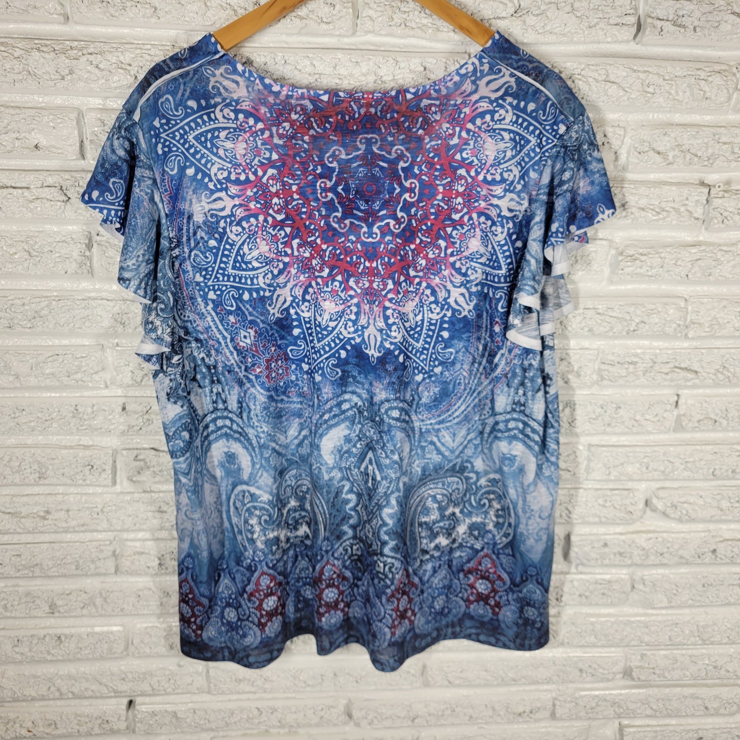 Time & Tru Womens Tee 3XL 22 Plus Blue Paisley Rhinestone Flutter PAI13E