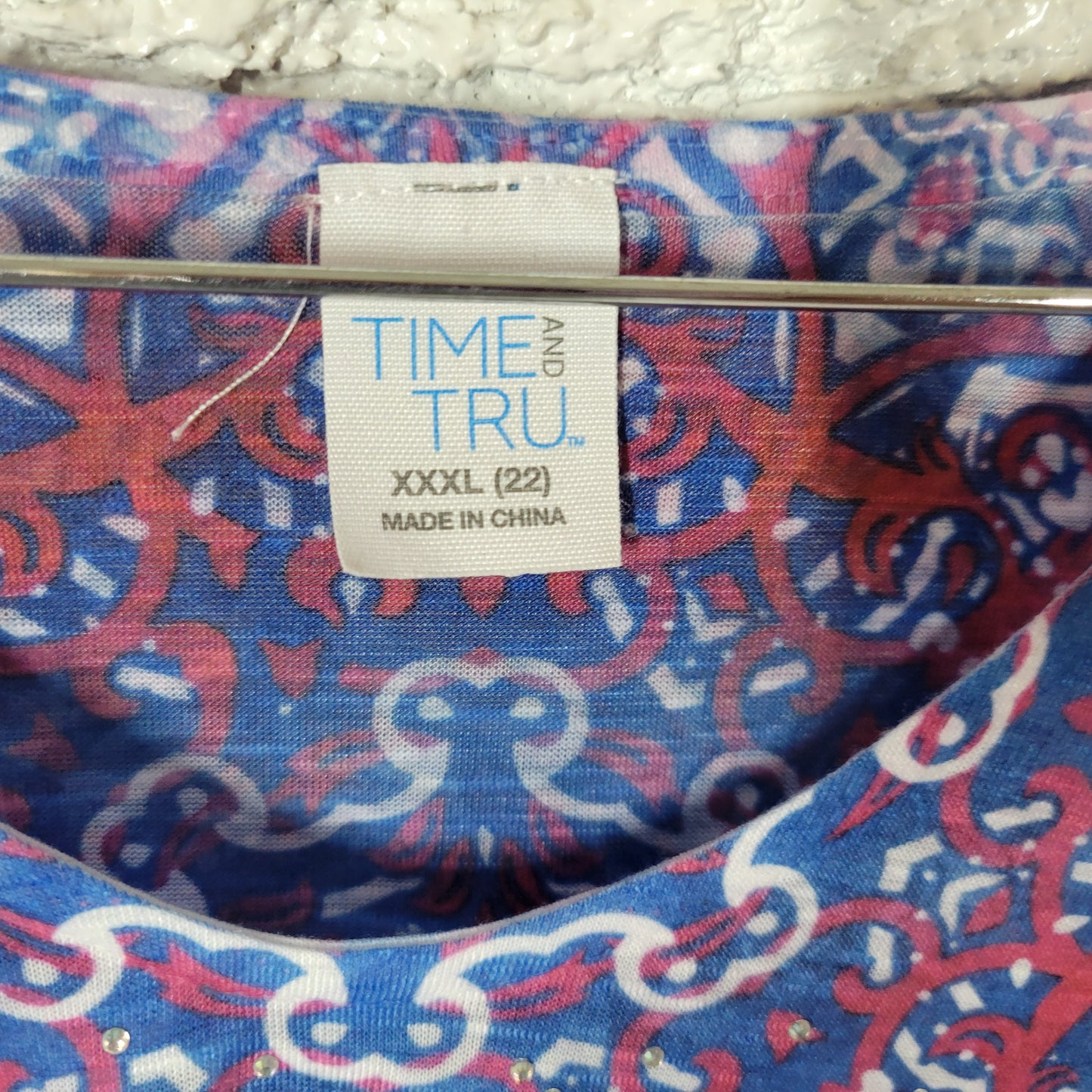 Time & Tru Womens Tee 3XL 22 Plus Blue Paisley Rhinestone Flutter PAI13E