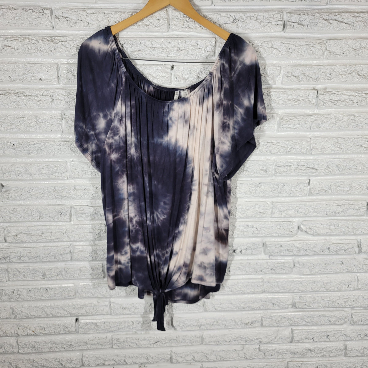 Cato Womens Blouse 18 20 Plus Size Blue White Tie Dye Tied Front Boat Neck C6E