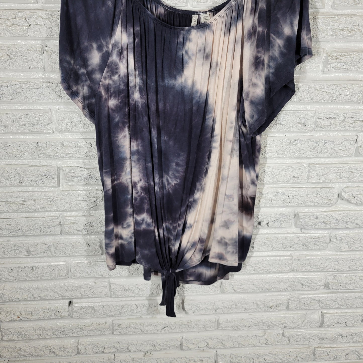 Cato Womens Blouse 18 20 Plus Size Blue White Tie Dye Tied Front Boat Neck C6E