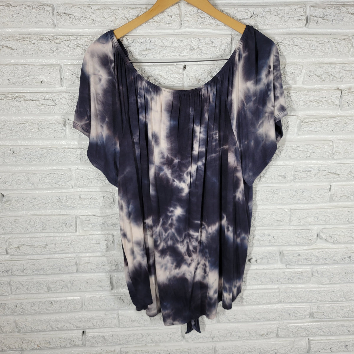 Cato Womens Blouse 18 20 Plus Size Blue White Tie Dye Tied Front Boat Neck C6E