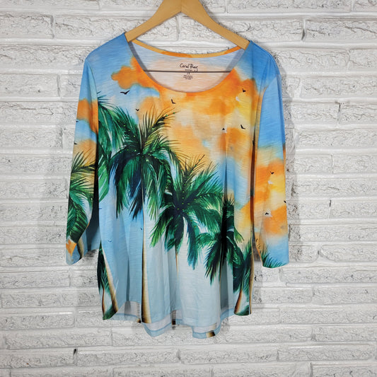 Coral Bay Women 2X Top Palm Trees Tropical Sunset Rhinestone 3/4 Sleeve C5E
