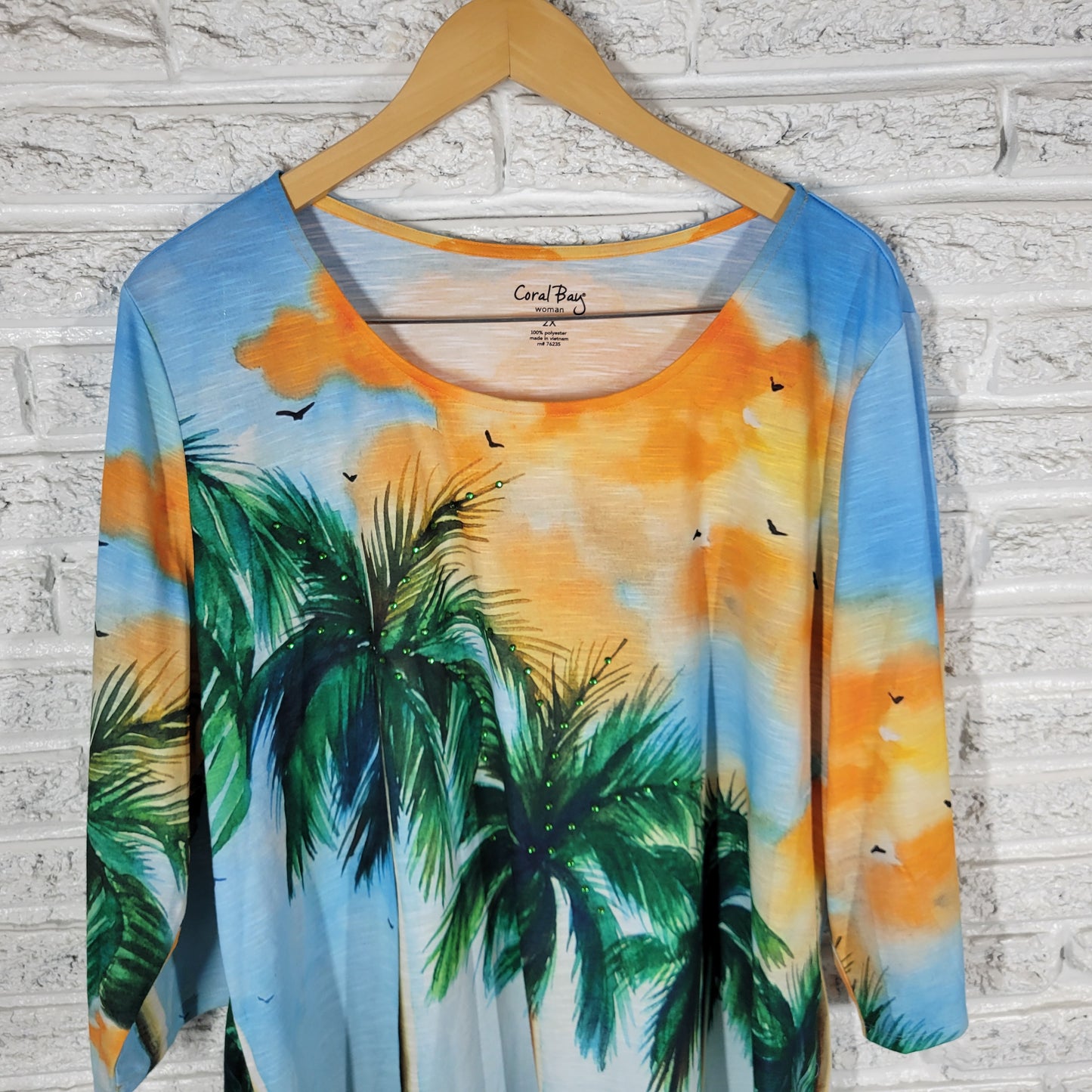 Coral Bay Women 2X Top Palm Trees Tropical Sunset Rhinestone 3/4 Sleeve C5E