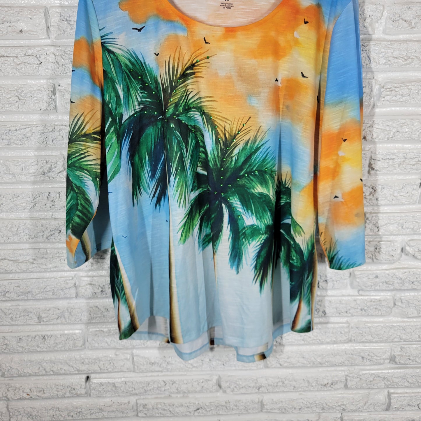 Coral Bay Women 2X Top Palm Trees Tropical Sunset Rhinestone 3/4 Sleeve C5E