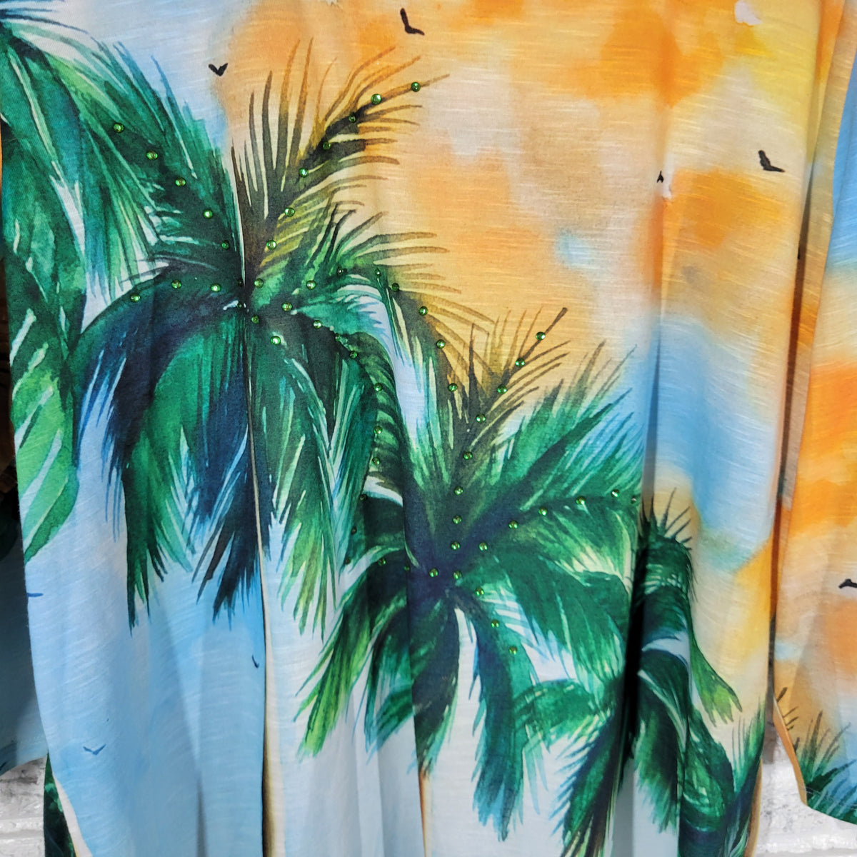 Coral Bay Women 2X Top Palm Trees Tropical Sunset Rhinestone 3/4 Sleeve C5E