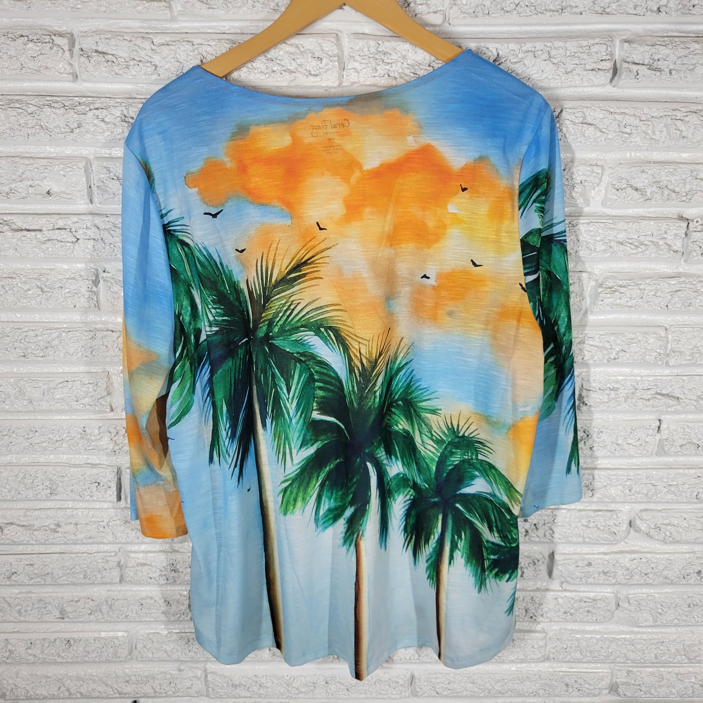 Coral Bay Women 2X Top Palm Trees Tropical Sunset Rhinestone 3/4 Sleeve C5E