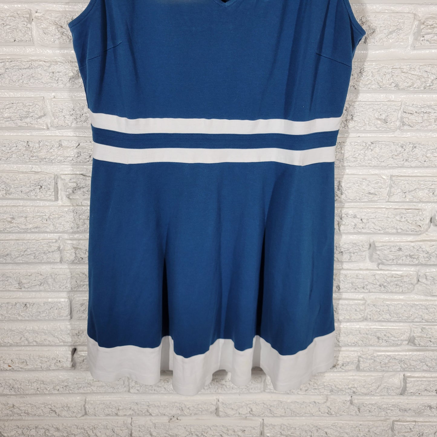 NY&Co Womens Mini Dress XL Blue White Fit Flare Sleeveless V-Neck Cotton BLU22E