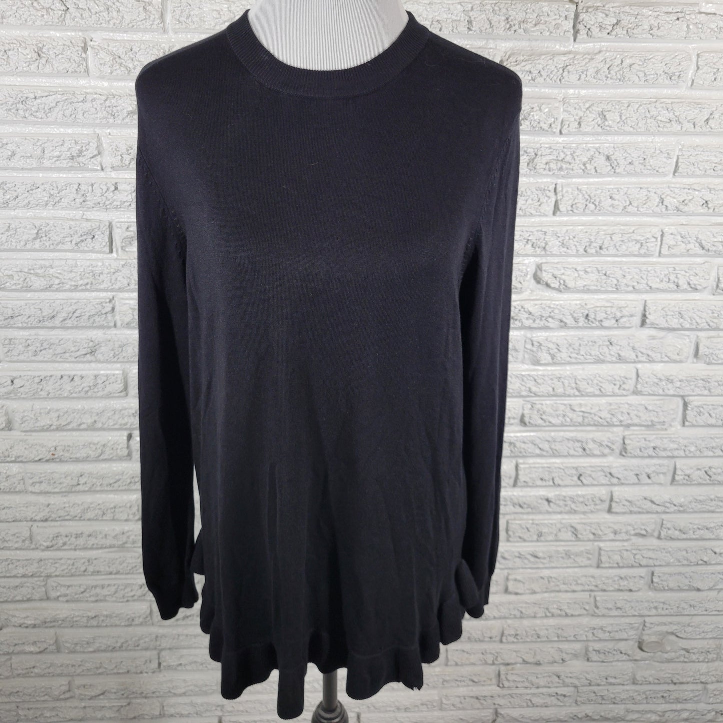 Ivanka Trump XL Black Knit Blouse Ruffle Accent Long Sleeve Stretch Top BLA6E