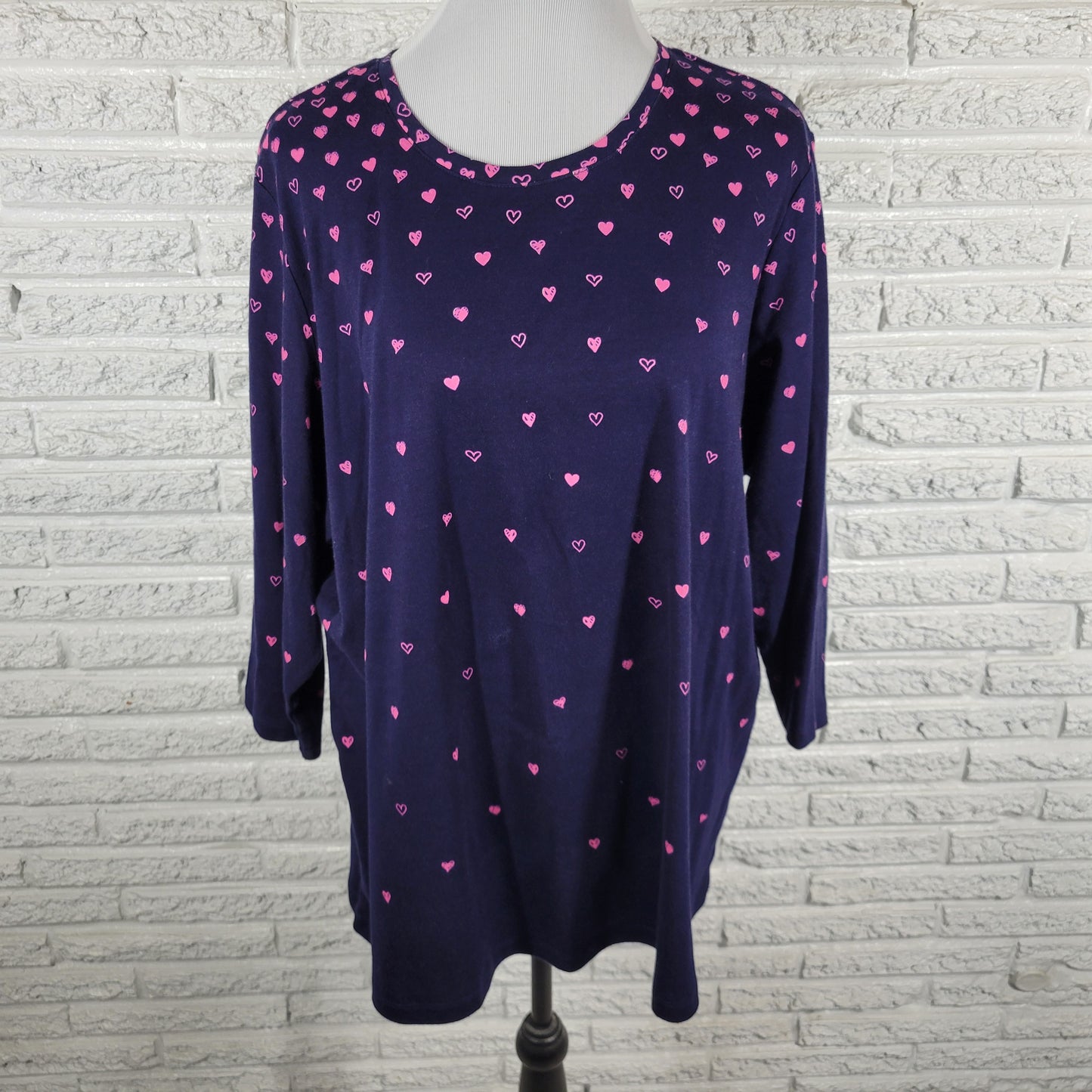 Kim Rogers 2X Plus Blue Cotton Heart Tee Crew Neck 3/4 Sleeve Knit BLU3E