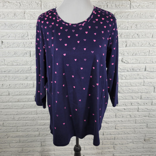 Kim Rogers 2X Plus Blue Cotton Heart Tee Crew Neck 3/4 Sleeve Knit BLU3E