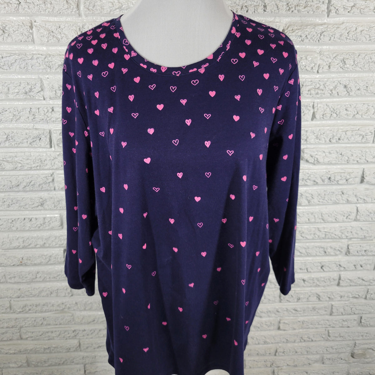 Kim Rogers 2X Plus Blue Cotton Heart Tee Crew Neck 3/4 Sleeve Knit BLU3E