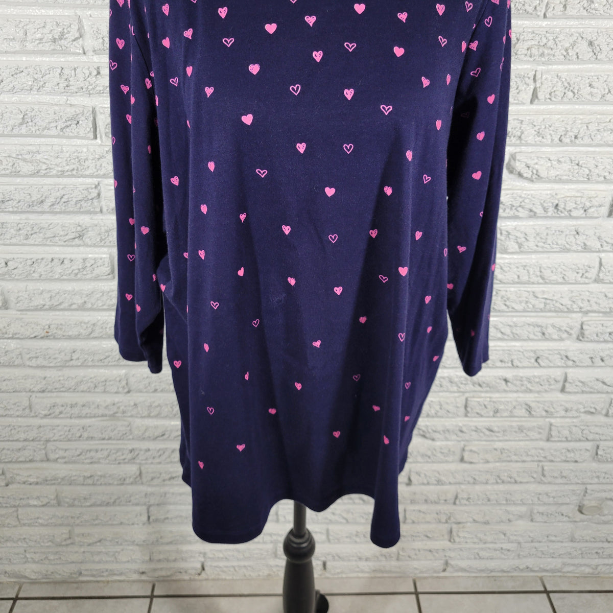 Kim Rogers 2X Plus Blue Cotton Heart Tee Crew Neck 3/4 Sleeve Knit BLU3E