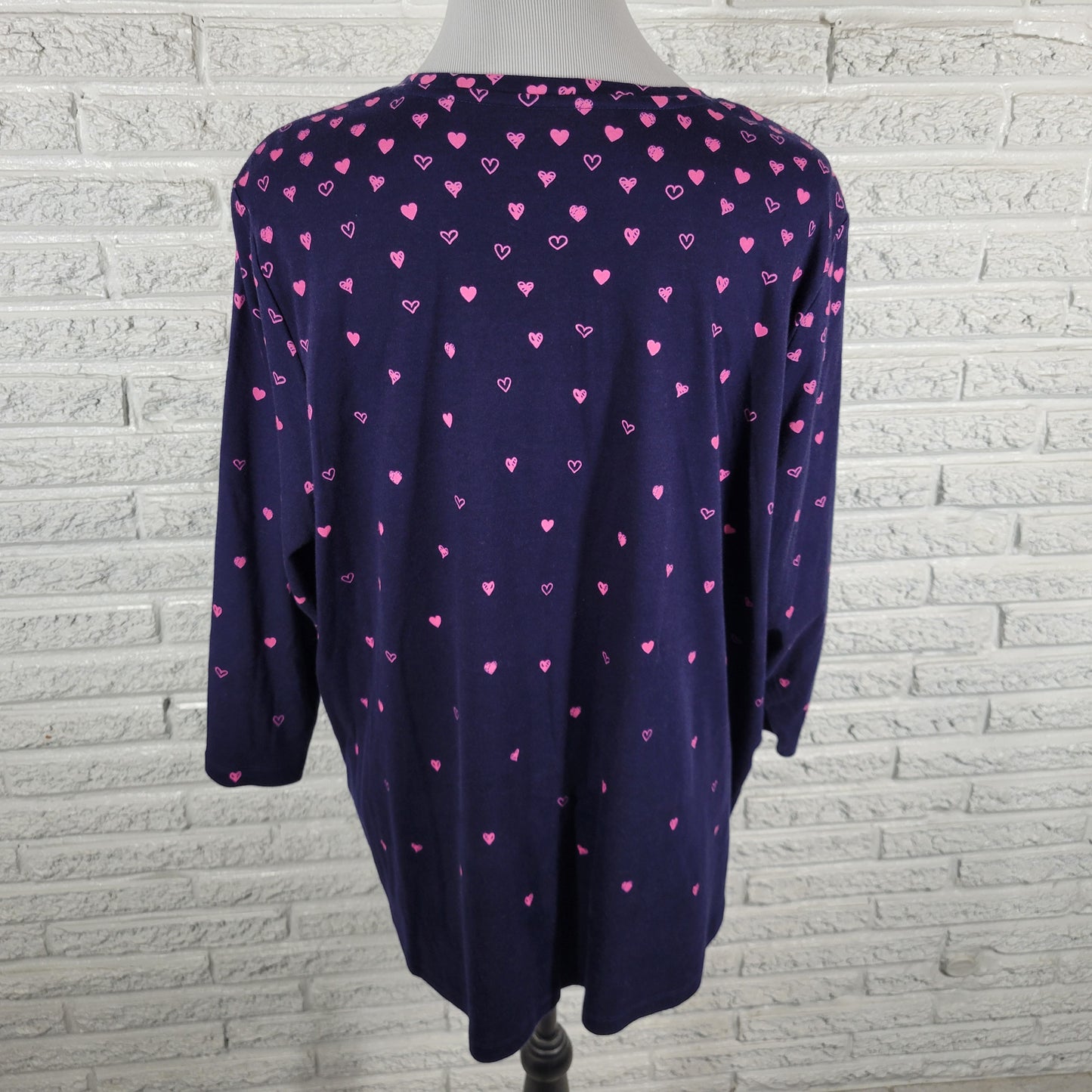 Kim Rogers 2X Plus Blue Cotton Heart Tee Crew Neck 3/4 Sleeve Knit BLU3E