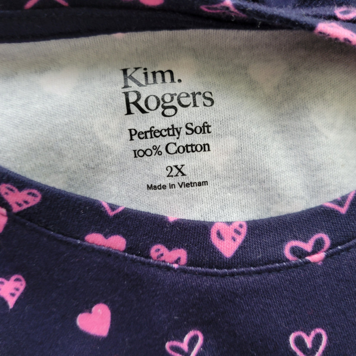 Kim Rogers 2X Plus Blue Cotton Heart Tee Crew Neck 3/4 Sleeve Knit BLU3E