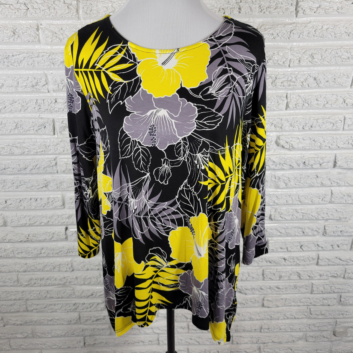 Ruby Rd PXL Petite Womens Yellow Black Floral Asymmetric 3/4 Sleeve Top FLO55E