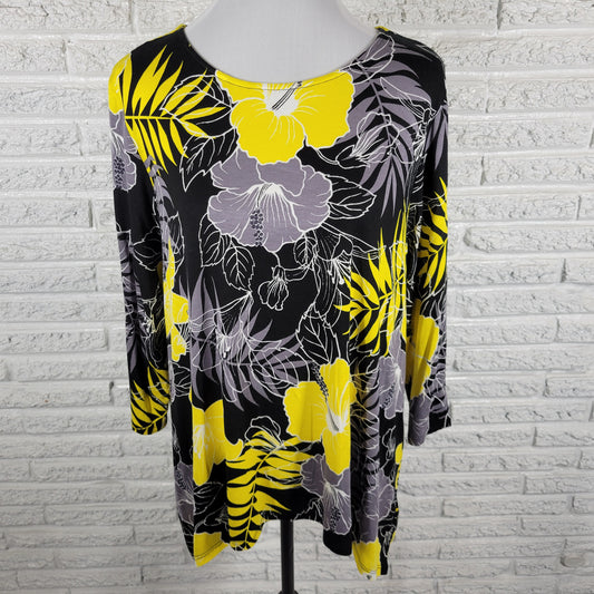 Ruby Rd PXL Petite Womens Yellow Black Floral Asymmetric 3/4 Sleeve Top FLO55E