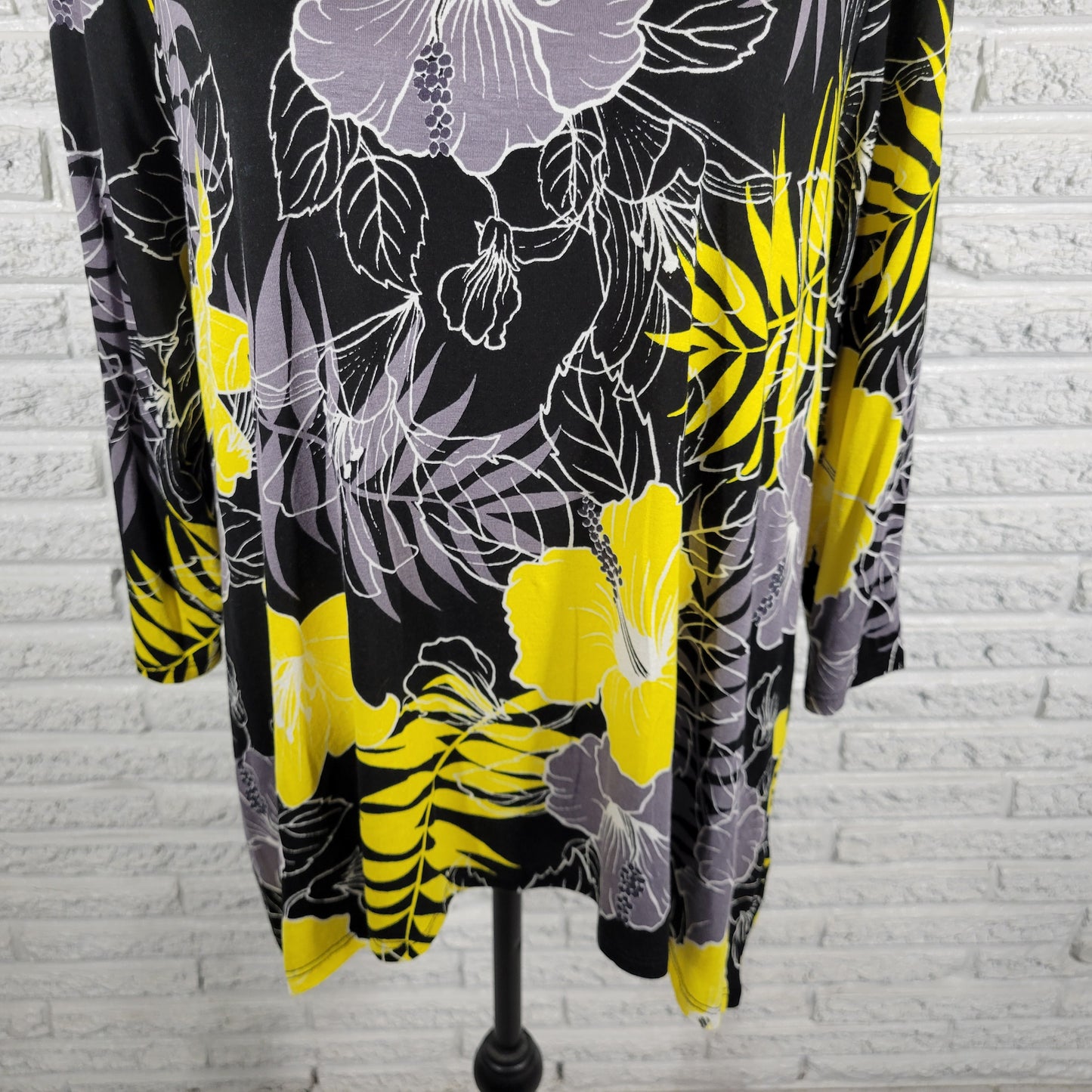 Ruby Rd PXL Petite Womens Yellow Black Floral Asymmetric 3/4 Sleeve Top FLO55E