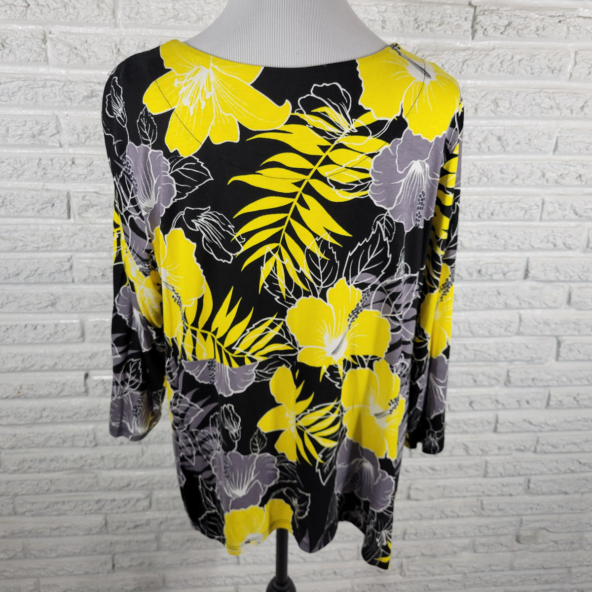 Ruby Rd PXL Petite Womens Yellow Black Floral Asymmetric 3/4 Sleeve Top FLO55E