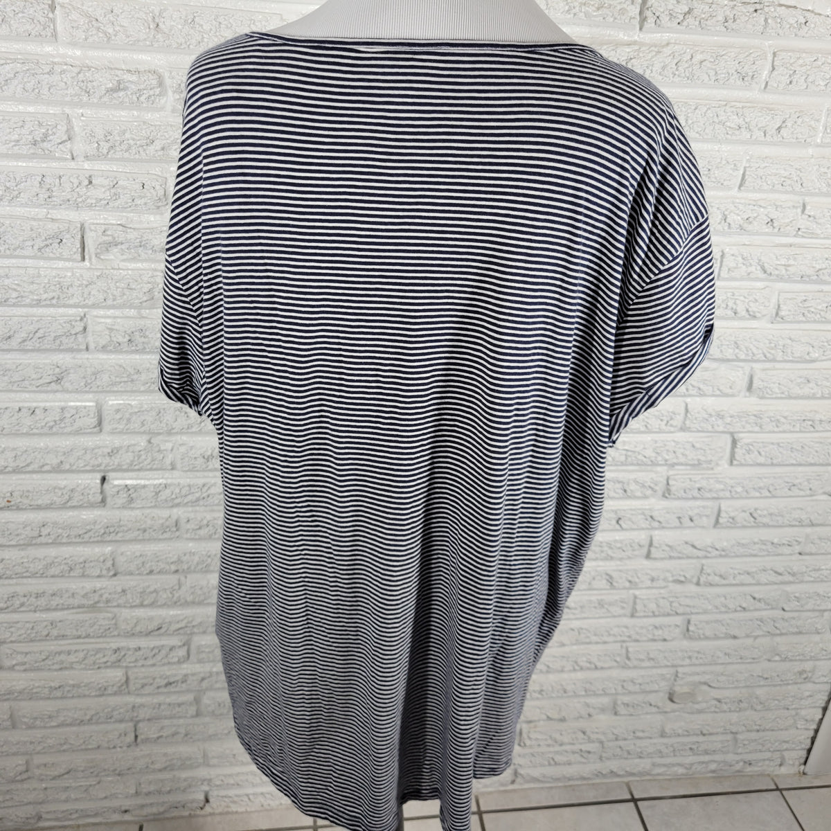 Sonoma Womens Tee 1X Plus Blue White Striped Lace Trim Short Sleeve STR98E