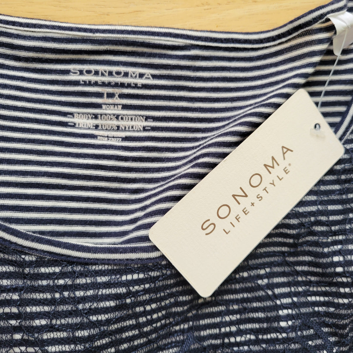 Sonoma Womens Tee 1X Plus Blue White Striped Lace Trim Short Sleeve STR98E