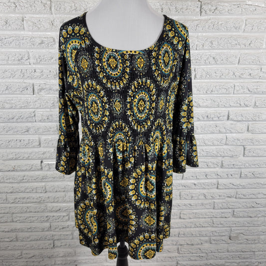 Bobbie Brooks Women Tunic Blouse 2X Plus Size Geometric Bell Smocked GEO107XE
