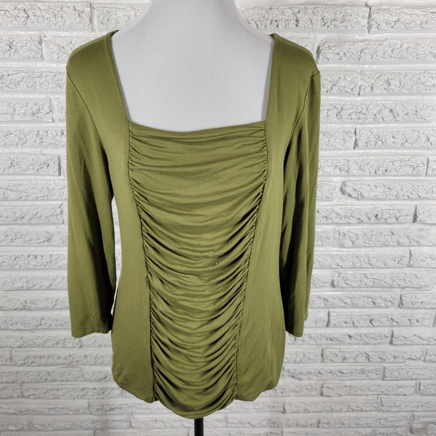 Grace Elements Womens Top XL Green Blouse Ruched Square Neck 3/4 Sleeve GRE36XE