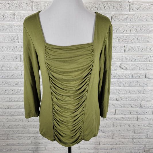 Grace Elements Womens Top XL Green Blouse Ruched Square Neck 3/4 Sleeve GRE36XE