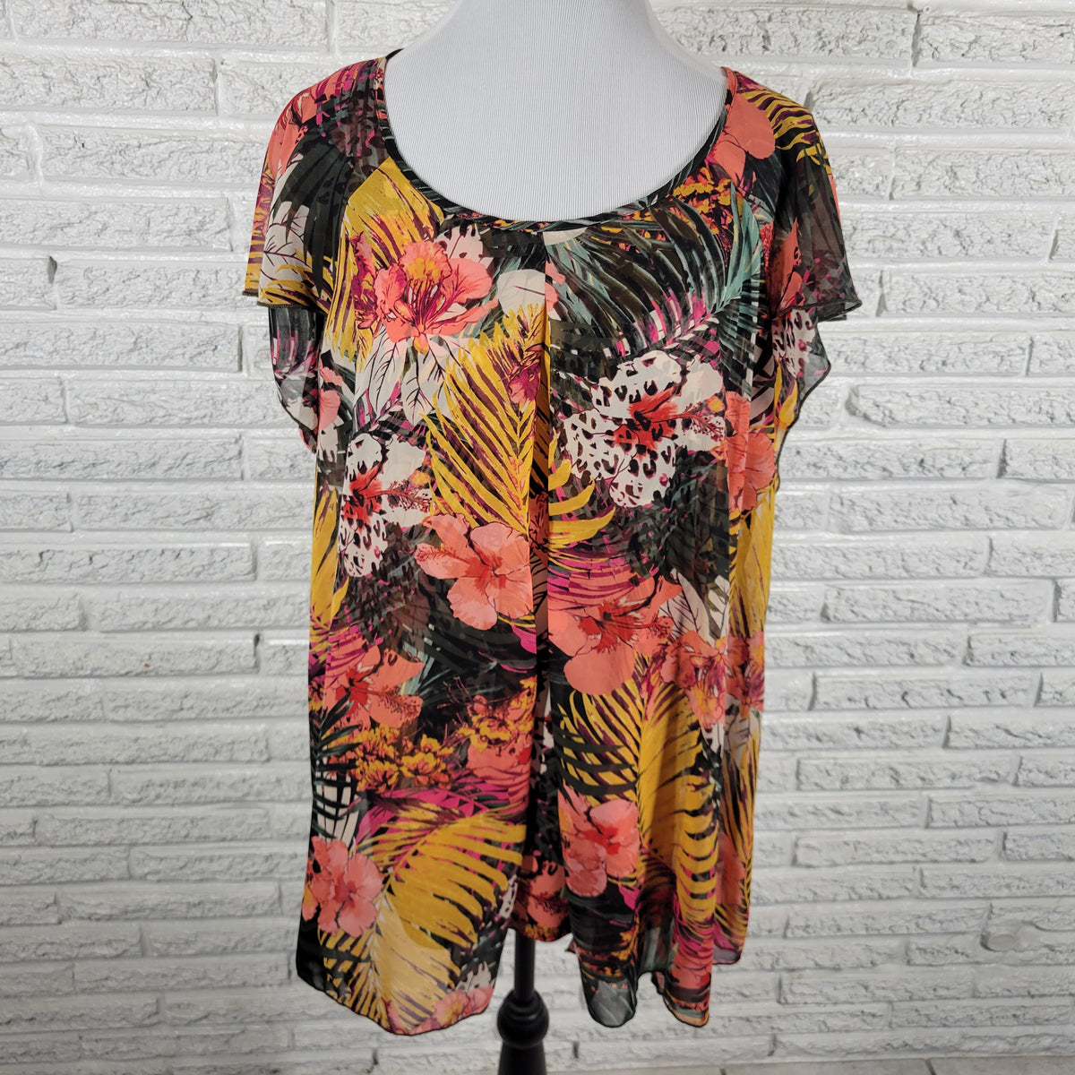 Roz & Ali Womens Top 2X Plus Floral Sheer Flutter Sleeve Split Front FLO6E