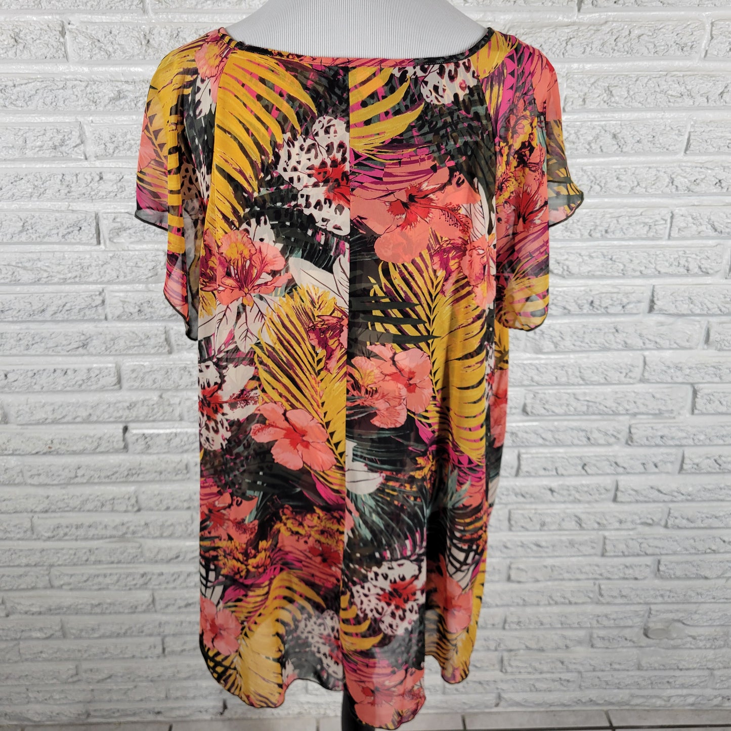 Roz & Ali Womens Top 2X Plus Floral Sheer Flutter Sleeve Split Front FLO6E
