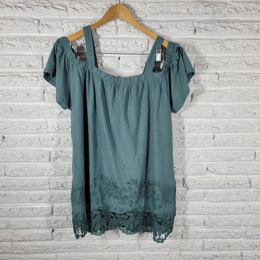 Lane Bryant Tunic Top 18/20 Green Cold Shoulder Embroidered Crochet GRE39E