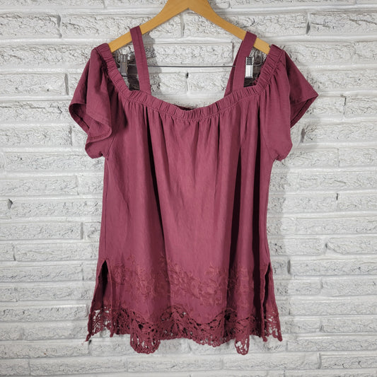 Lane Bryant Tunic Top 18/20 Burgundy Cold Shoulder Embroidered Crochet BUR16E