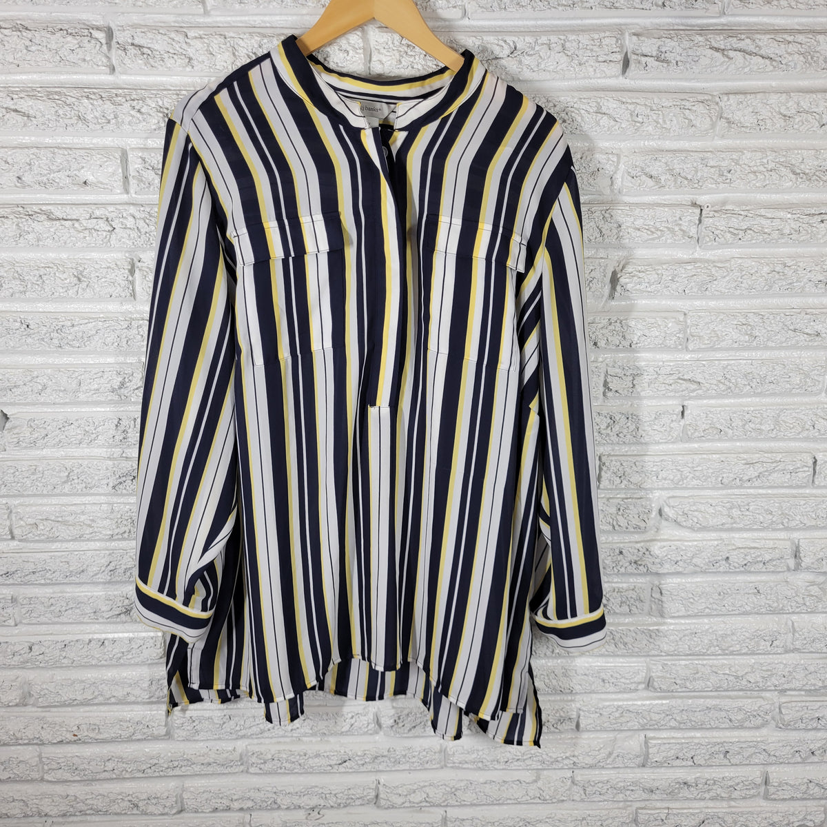 CJ Banks Womens 3X Top Yellow Blue Striped 1/4 Button Long Sleeve STR40E