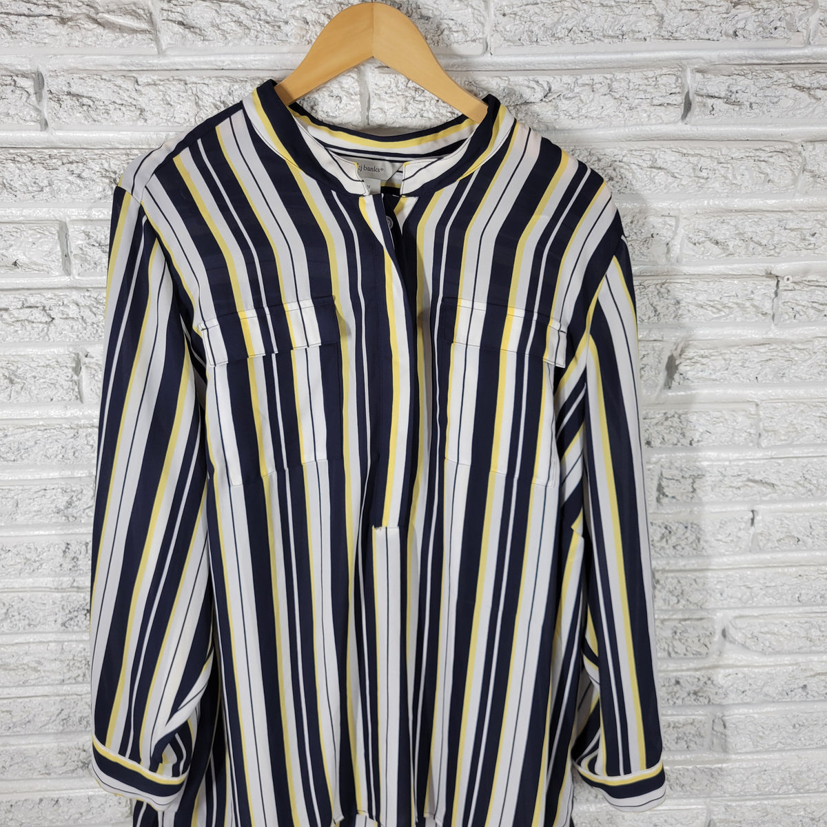 CJ Banks Womens 3X Top Yellow Blue Striped 1/4 Button Long Sleeve STR40E