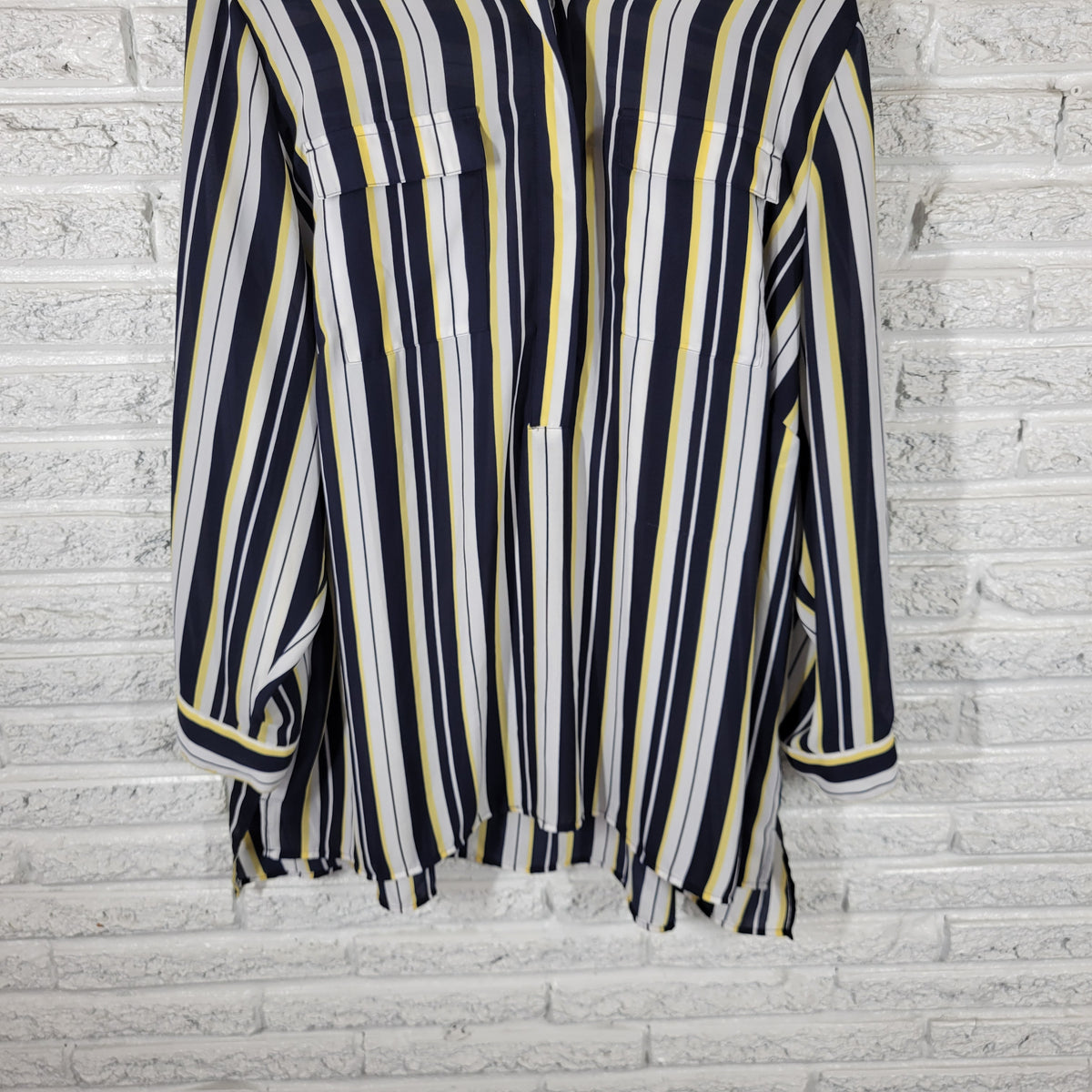CJ Banks Womens 3X Top Yellow Blue Striped 1/4 Button Long Sleeve STR40E