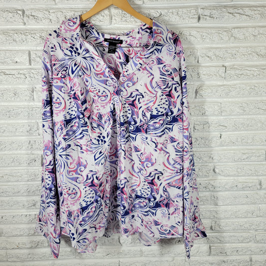 Ashley Stewart Women 24 Plus Top Shirt Button Up Long Sleeve Geometric GEO80E