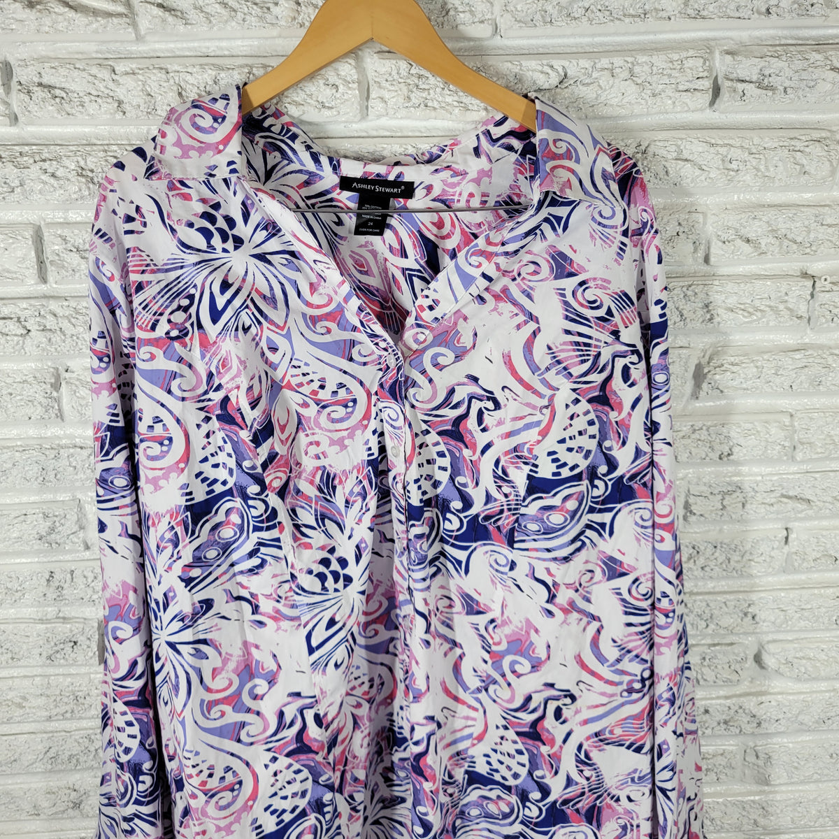 Ashley Stewart Women 24 Plus Top Shirt Button Up Long Sleeve Geometric GEO80E