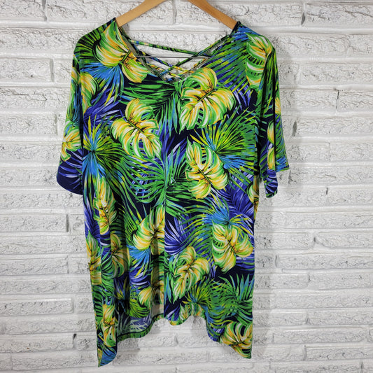 Catherines Women 1X Tunic Tee Top Short Sleeve Floral Back Keyhole FLO51XE