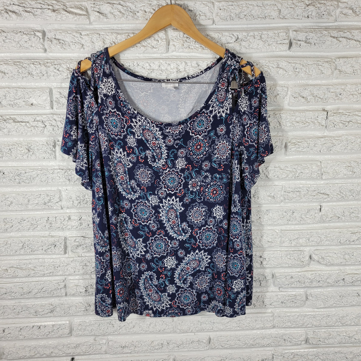 Westport Tee XL Blue Paisley Cold Shoulder Short Sleeve Top Stretch PAI18E
