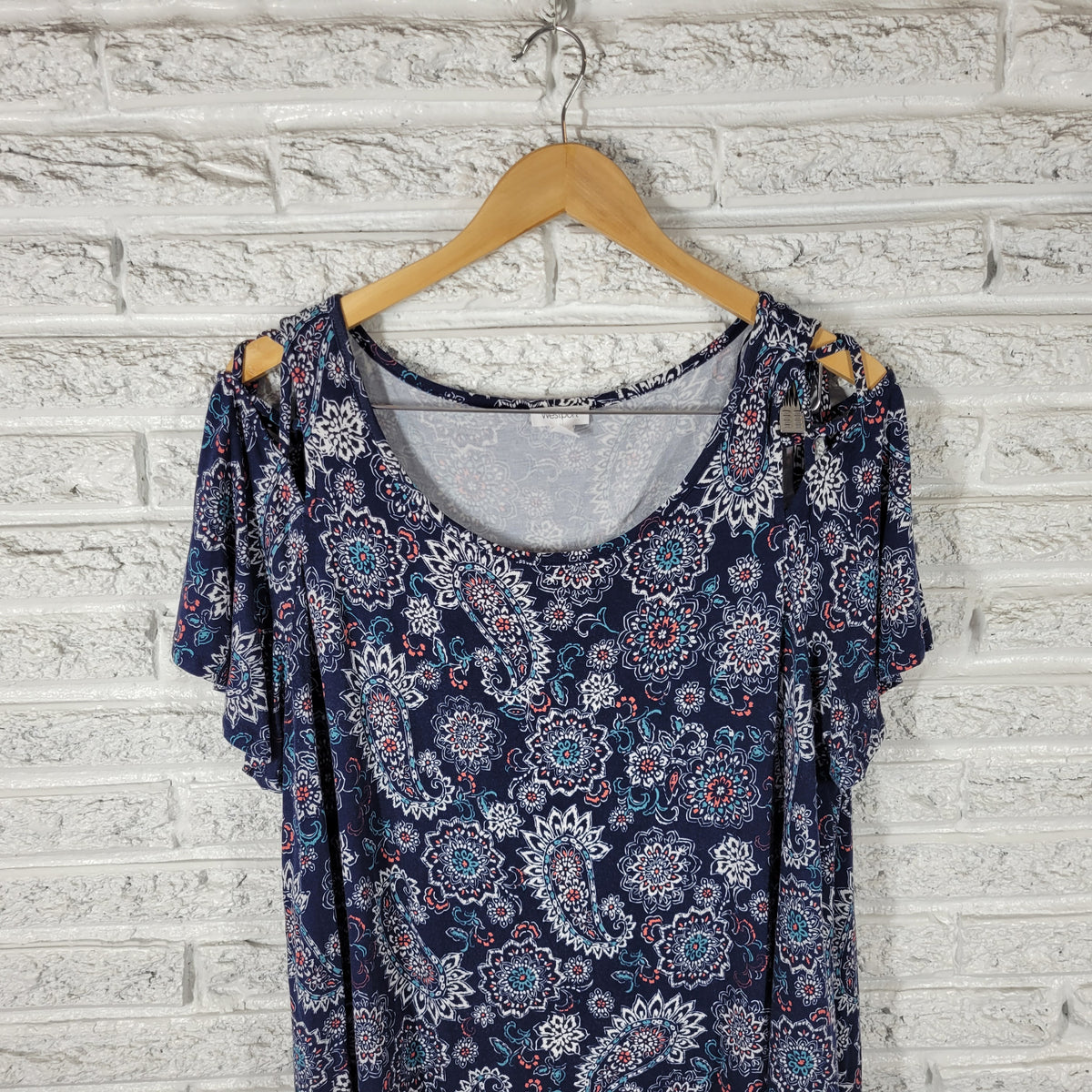 Westport Tee XL Blue Paisley Cold Shoulder Short Sleeve Top Stretch PAI18E