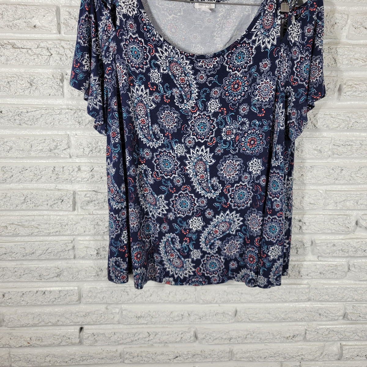 Westport Tee XL Blue Paisley Cold Shoulder Short Sleeve Top Stretch PAI18E