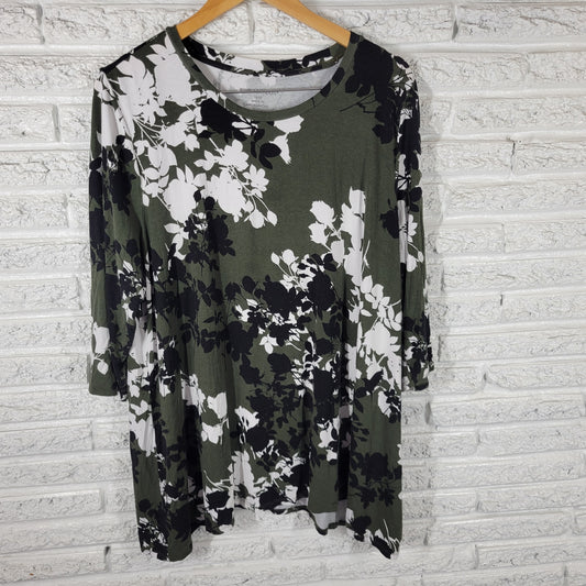 Jessica London Women Tunic Top 18/20 2X Green Black Floral Stretch Crew FLO30E