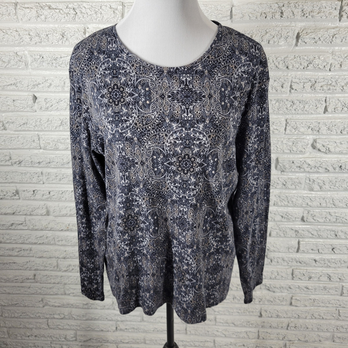 Croft & Barrow Blue Gray Paisley T-Shirt Women XL 100% Cotton Long Sleeve PAI24E